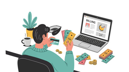 Man Paying Bills Online, Using a Credit Card and Cash, with Laptop and Finances Concept