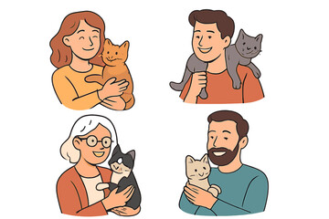 Diverse people holding and interacting with pet cats and kittens