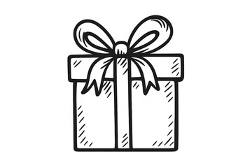 Wrapped present box with decorative ribbon bow hand drawn outline style