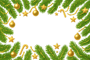 Festive holiday border frame featuring green evergreen fir branches and shiny golden Christmas ornaments