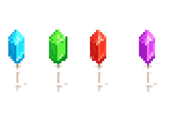 Set of colorful faceted pixel art gemstones used as collectible assets in retro video games