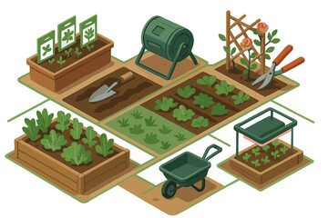 Organized backyard vegetable garden plot featuring raised beds and farming equipment © Mark