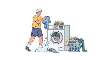 Man doing laundry, loading clothes into a washing machine with a basket full of laundry