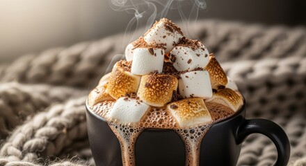 Hot chocolate overflowing from black mug topped with toasted marshmallows