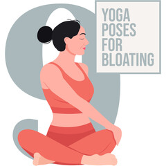 Woman in Coral Sports Bra and Leggings Practicing Yoga Pose for Bloating with Eyes Closed and Hair in Bun, Light Blue and Gray Background With Text