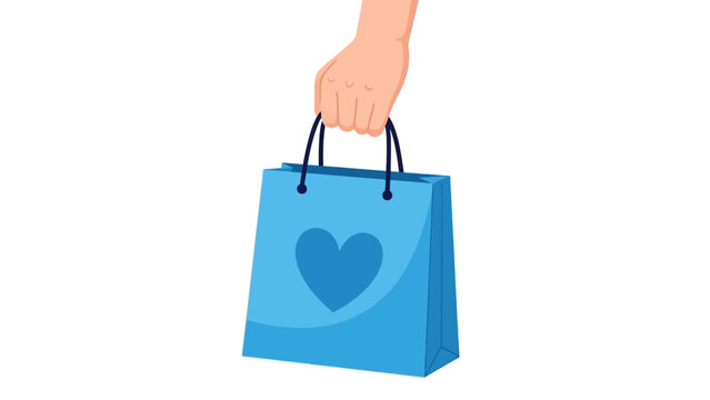 Hand holding a blue shopping bag with a heart design, perfect for gifts or purchases