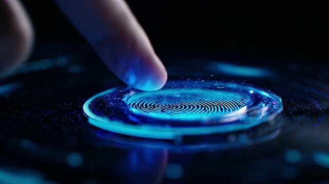 Futuristic biometric fingerprint scanner with human finger touching digital interface for cyber security and identity verification