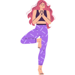 Woman In Purple Patterned Yoga Pants And Black Sports Bra Standing In Tree Pose With Pink Hair And Eyes Closed White Background