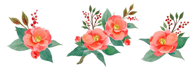 水彩の椿と南天/Camellia Nanten