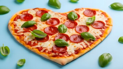 Heart shaped pepperoni pizza with fresh basil on blue background cheese