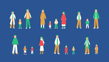 冬を過ごす家族のイラストセット