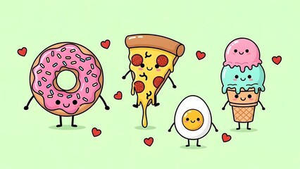 Kawaii food characters donut pizza ice cream egg hearts cute