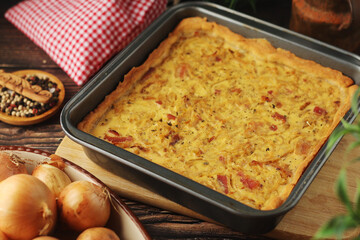 Zwiebelkuchen, a pie with onion and bacon, traditional German dish	
