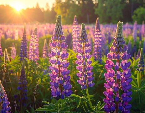 A vibrant field of purple and pink wildflowers glows with sunlight, capturing a moment of natural beauty at dusk - Powered by Adobe