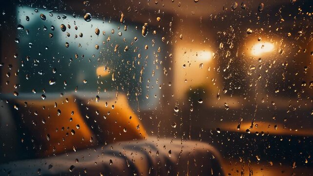 Raindrops on Window Pane with Blurred Cozy Interior Lights and Furniture image photo