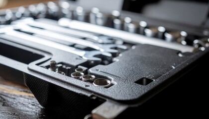 Detailed view of a metal tool set.