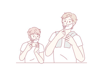 Happy caring young father teach teenage son shaving beard in home bathroom. Loving dad and teen child use razor for face care. Children growing up, upbringing. Fatherhood. Vector illustration.