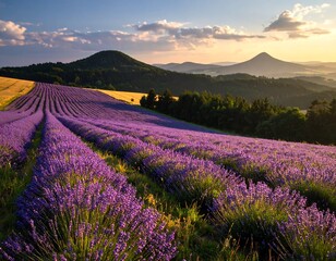 Naklejka premium A vibrant field of purple lavender blooms, stretching toward distant mountains. The warm sunrise bathes the scene in golden light