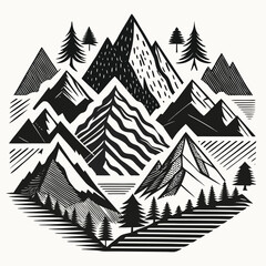 Obraz premium Geometric Abstract Mountain Landscape with Pine Trees in Black and White vector illustration