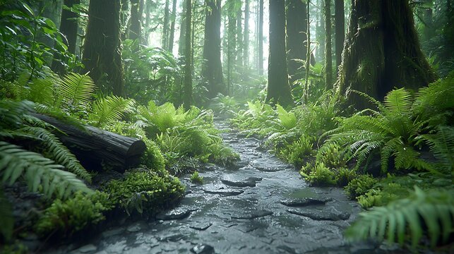 Serene forest path with sunlit ferns and tall trees, leading through a misty, vibrant green woodland. - Powered by Adobe