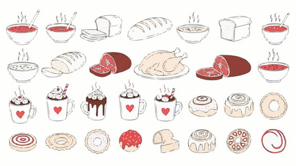 Illustration of various food items including soup bread meat poultry hot chocolate and pastries arranged neatly