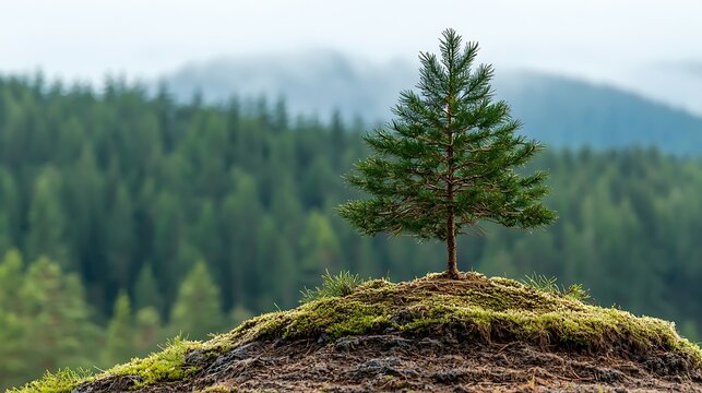 Young pine tree on mossy hill against blurred forest background