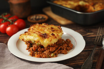 A shepherd's pie, freshly backed and ready to be served. Traditional English dish
