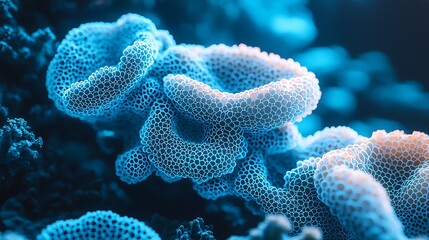 Abstract glowing cellular network structure, intricate organic or technological pattern of interconnected cells in blue and orange light, representing biology, data, and scientific research.