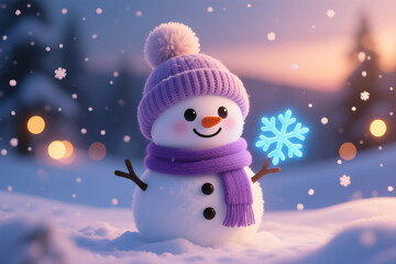 A fun cartoon snowman in the winter snow with a Christmas hat, carrot nose, and scarf decoration for a holiday celebration card