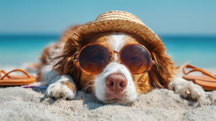 A cheerful dog lies on warm sand at the beach wearing stylish sunglasses and a straw hat. Its relaxed pose captures the joy of a sunny day by the sea surrounded by flip flops.