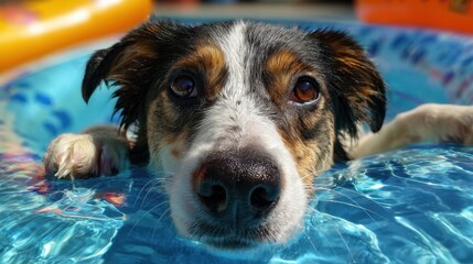 A playful dog relaxes in a vibrant pool float while enjoying a sunny day at a backyard pool. Water splashes around as it enjoys the cool water beneath its paws.