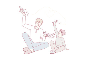 Smiling young father play with small son with airplanes. Loving happy dad have fun enjoy family weekend with boy child with toys engaged in game together. Vector illustration, cartoon character.