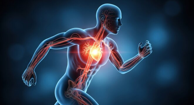 Running man with visible heart and circulatory system in a blue background