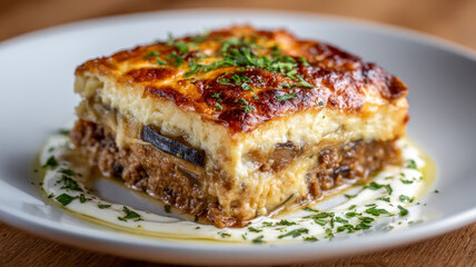 Slice of moussaka on a plate with garnished herbs.