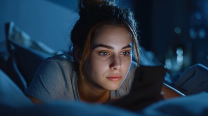 A young woman lies on her stomach in bed focused on her smartphone under soft lighting. It is late at night and she appears engaged possibly scrolling through social media or chatting.