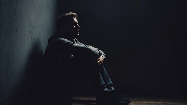Solitary alone sad man sitting on floor in darkness. Concept of depression, sadness, and emotional pain. Mental health awareness and support. Social phobia, anxiety, fear, illness. Panic attack issue.