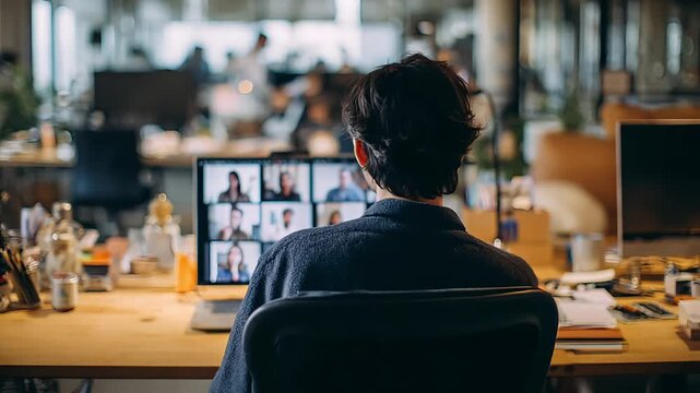 Person participating in a virtual meeting with colleagues on a laptop screen in a modern office.