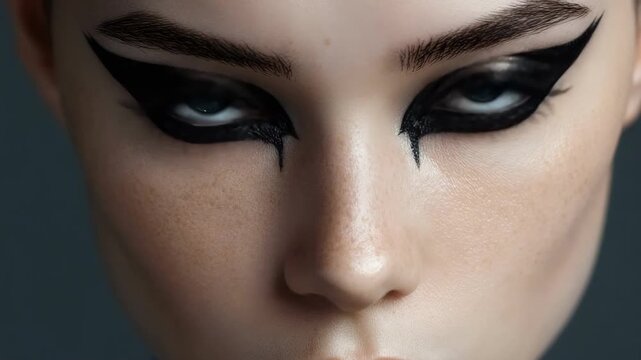 Generative AI. Young woman with striking makeup featuring bold eyeliner and dramatic eyeshadow, showcasing a captivating beauty look with a focus on facial features and artistic expression