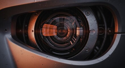 Close-up of a futuristic robotic eye with glowing red lens, detailed with metallic textures and industrial design, evoking artificial intelligence and advanced technology
