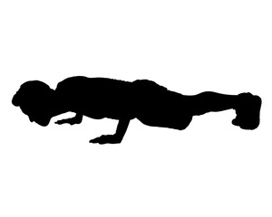 Silhouette of a person performing a push-up in the lowered position, emphasizing body strength and fitness