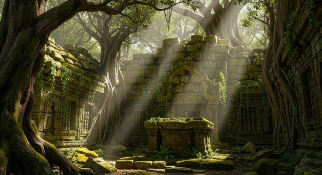 Ancient temple ruins overgrown with trees and vines bathed in sunlight rays