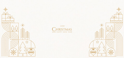 Minimalist Christmas background with geometric line art ornaments, trees, and gifts in gold tones, ideal for festive banners, greeting cards, and seasonal branding.