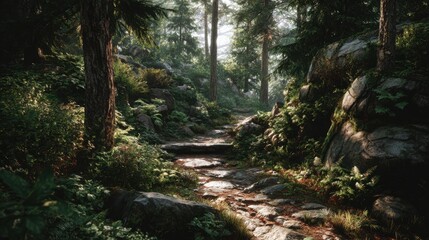 Naklejka premium A serene forest path winds through lush greenery and rocky terrain. Sunlight filters through the trees creating a peaceful ambiance in nature.