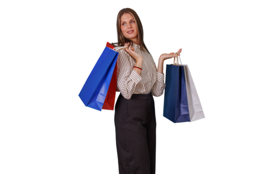 Woman holding shopping bags, finding joy in consumer spending and retail therapy on transparent background
