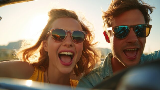 A happy couple shares laughter while driving in a convertible car. They are wearing sunglasses and enjoying the warm sunlight on a bright day creating a cheerful atmosphere.