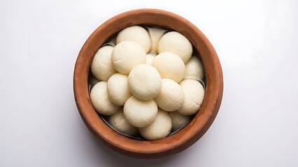 Delicious indian sweet rasgulla served in a rustic clay bowl