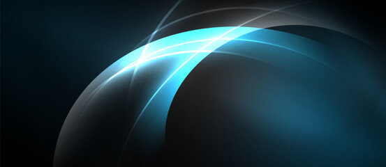 Abstract blue curves, bright light flares. Dark background creates dramatic visual effect. Modern design element.