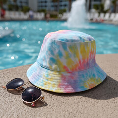 Colorful tie-dye bucket hat and sunglasses by a poolside.