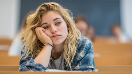 In a classroom setting a student with wavy hair appears bored resting her head on her hand. Other students are engaged in their activities highlighting the contrast in attention.