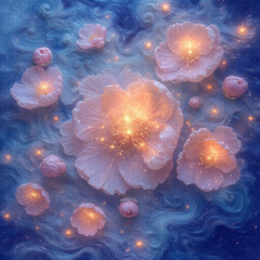 Glow of magical flowers under starry night sky brings enchanting beauty to the serene landscape Generative AI